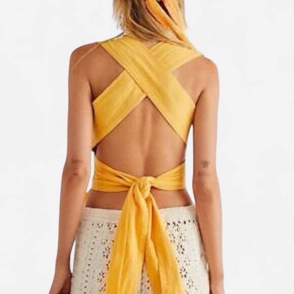 Free People Amani Yellow Open-Back Smocked Peplum Top – Boho Fairy Y2K (Fits S) - Picture 2 of 7